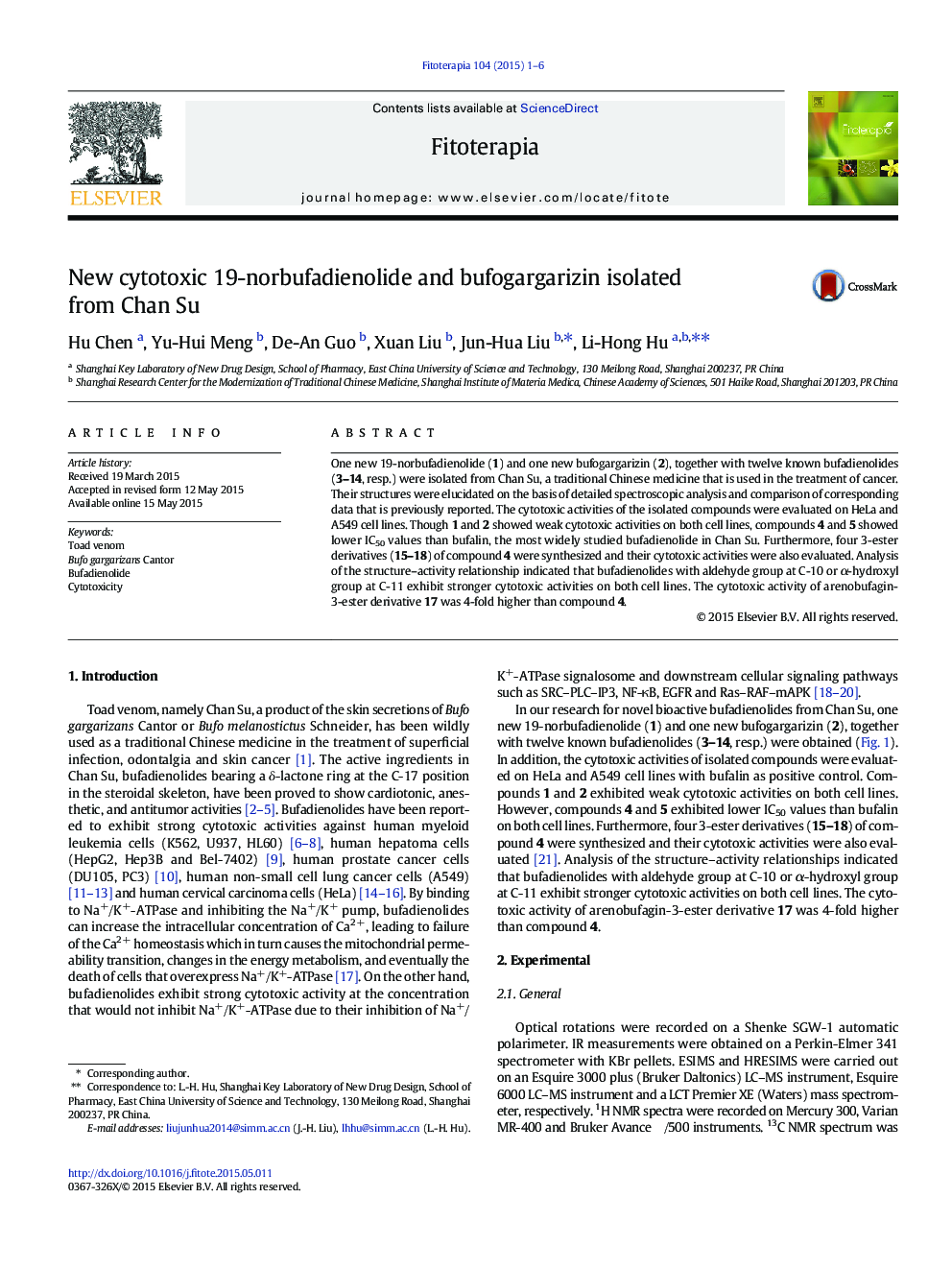 New cytotoxic 19-norbufadienolide and bufogargarizin isolated from Chan Su