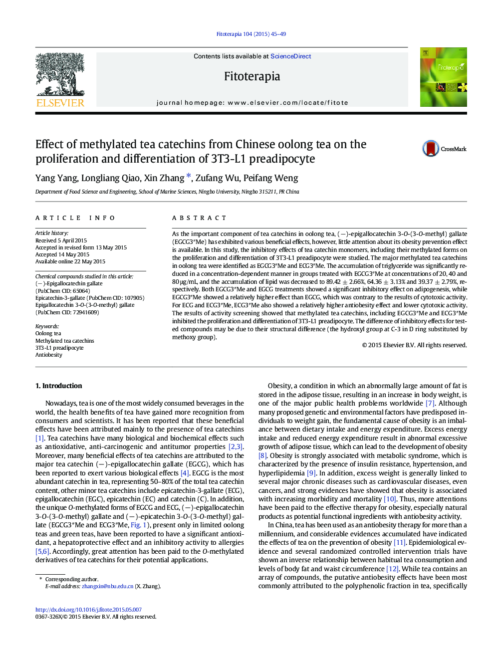 Effect of methylated tea catechins from Chinese oolong tea on the proliferation and differentiation of 3T3-L1 preadipocyte