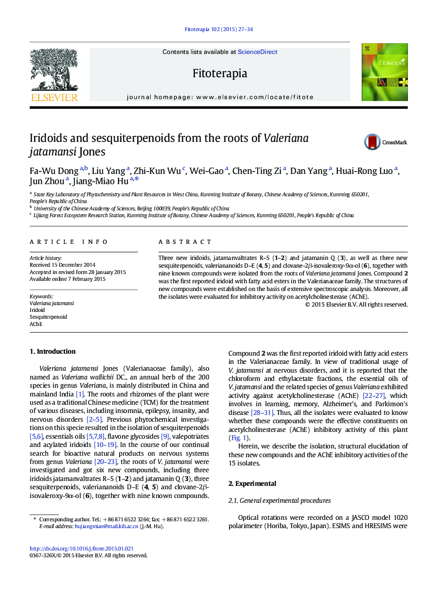 Iridoids and sesquiterpenoids from the roots of Valeriana jatamansi Jones