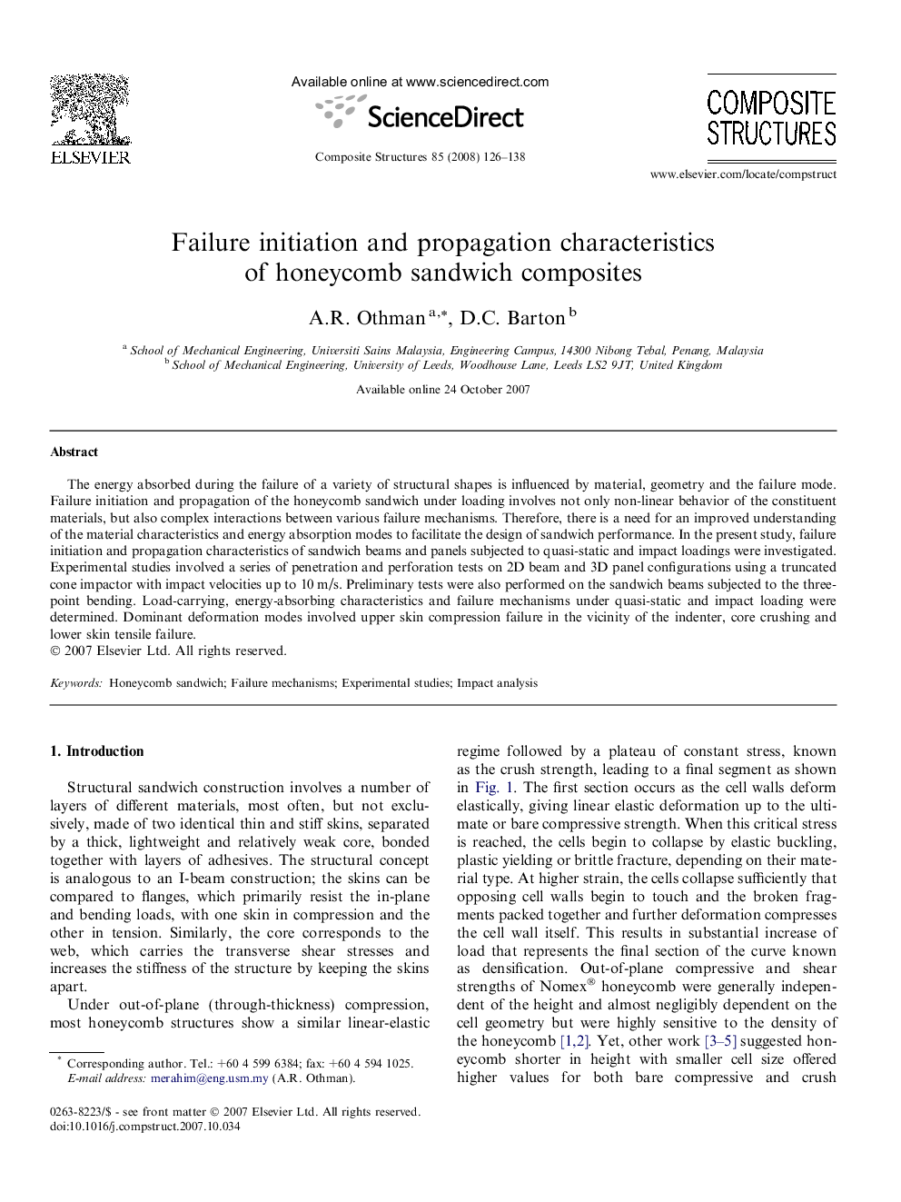 Failure initiation and propagation characteristics of honeycomb sandwich composites