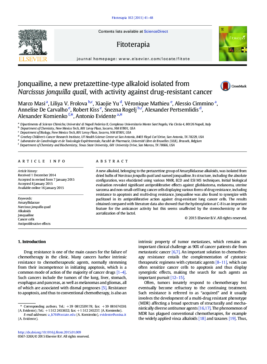 Jonquailine, a new pretazettine-type alkaloid isolated from Narcissus jonquilla quail, with activity against drug-resistant cancer