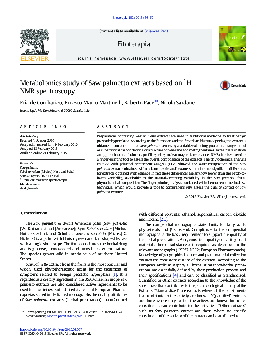 Metabolomics study of Saw palmetto extracts based on 1H NMR spectroscopy