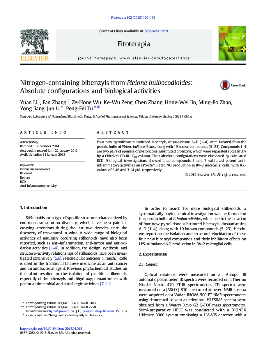 Nitrogen-containing bibenzyls from Pleione bulbocodioides: Absolute configurations and biological activities