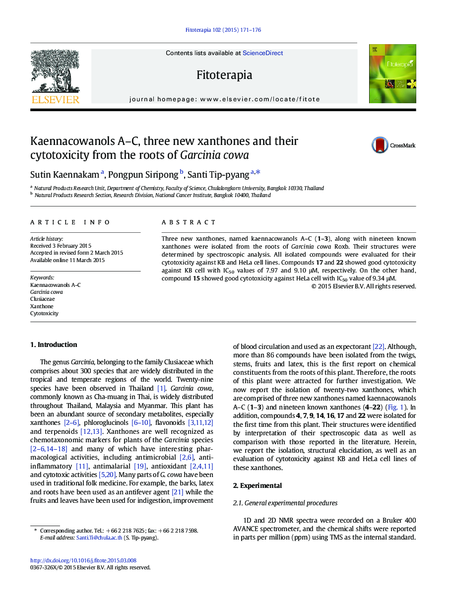 Kaennacowanols A–C, three new xanthones and their cytotoxicity from the roots of Garcinia cowa