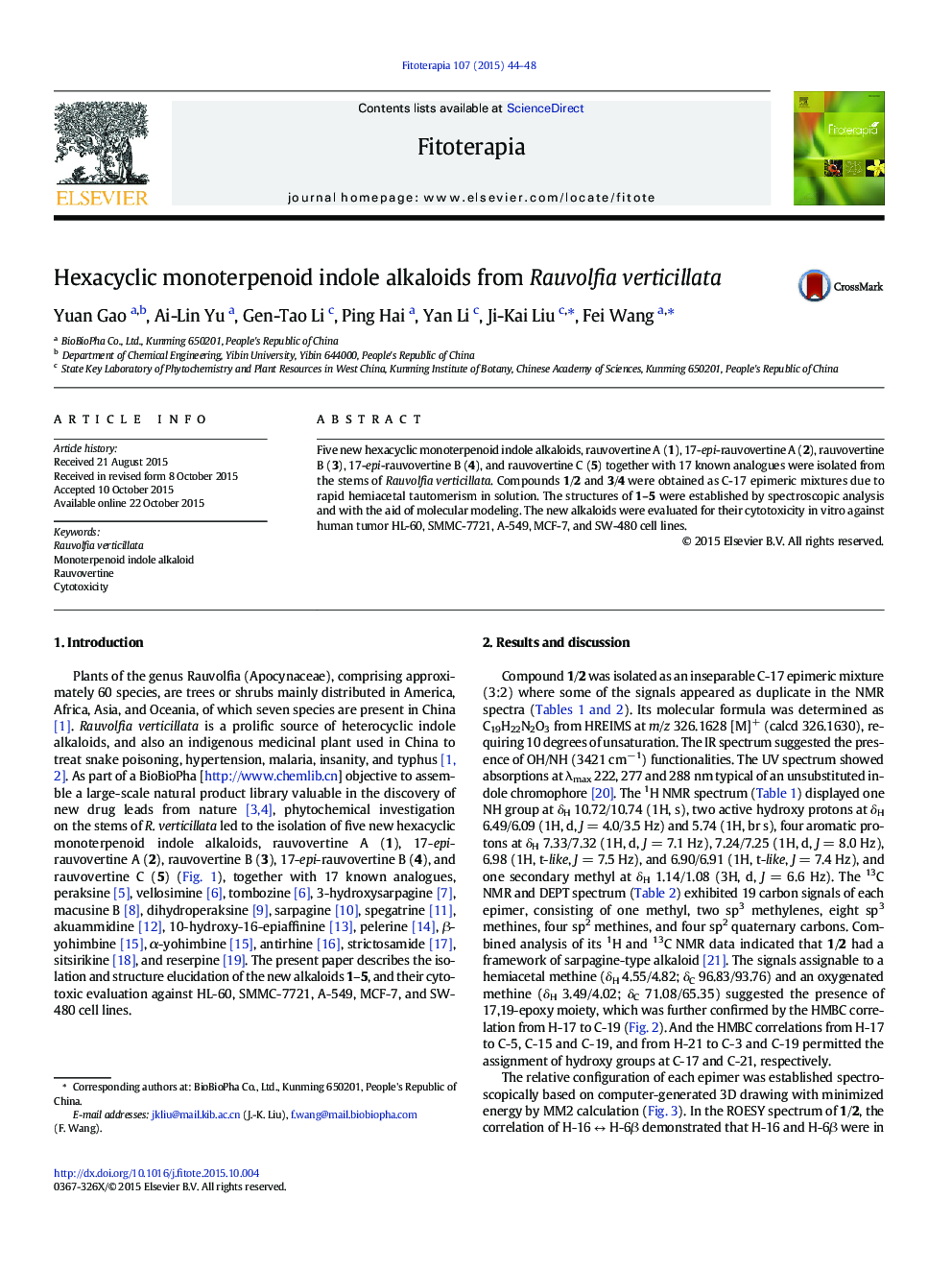 Hexacyclic monoterpenoid indole alkaloids from Rauvolfia verticillata