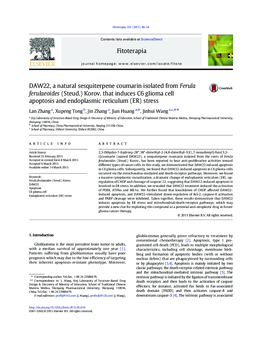 DAW22, a natural sesquiterpene coumarin isolated from Ferula ferulaeoides (Steud.) Korov. that induces C6 glioma cell apoptosis and endoplasmic reticulum (ER) stress