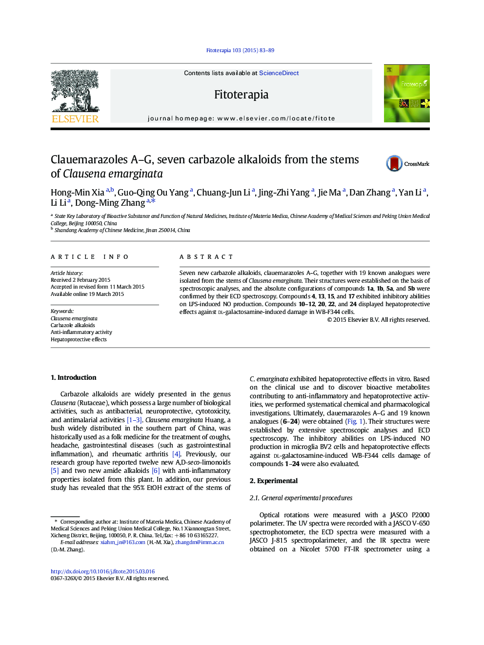 Clauemarazoles A–G, seven carbazole alkaloids from the stems of Clausena emarginata