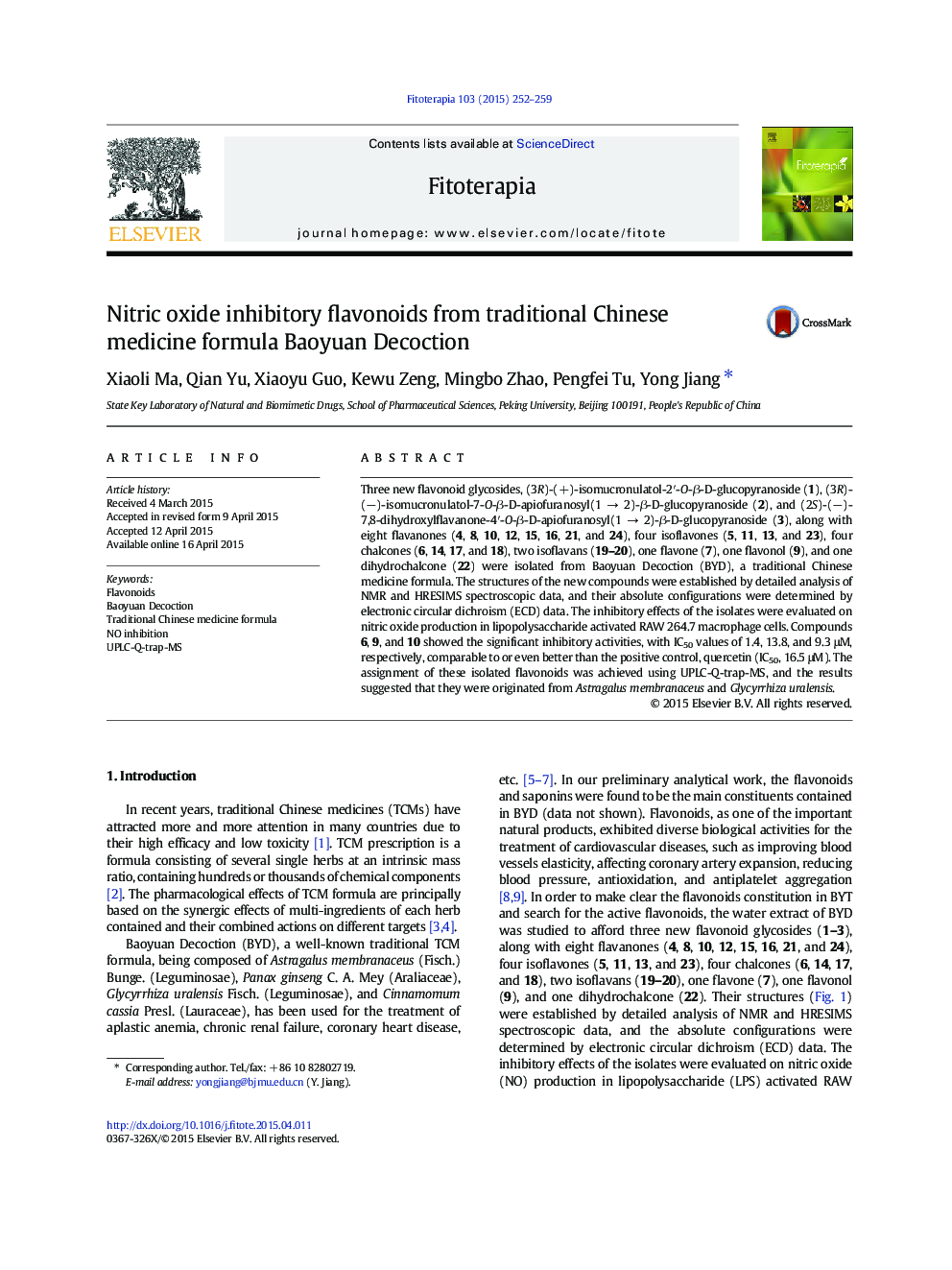 Nitric oxide inhibitory flavonoids from traditional Chinese medicine formula Baoyuan Decoction