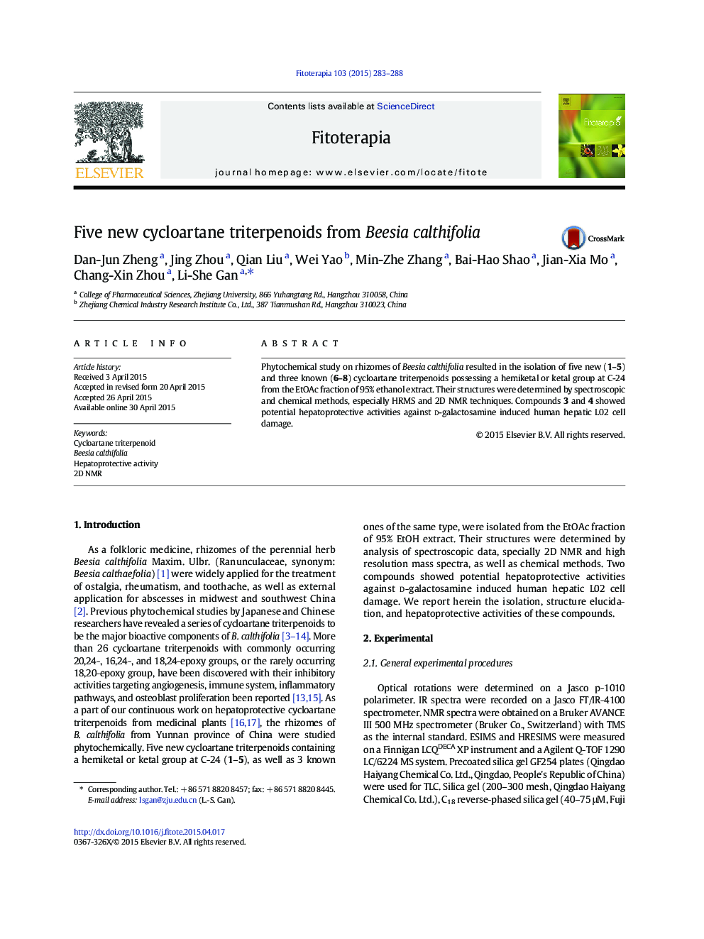 Five new cycloartane triterpenoids from Beesia calthifolia