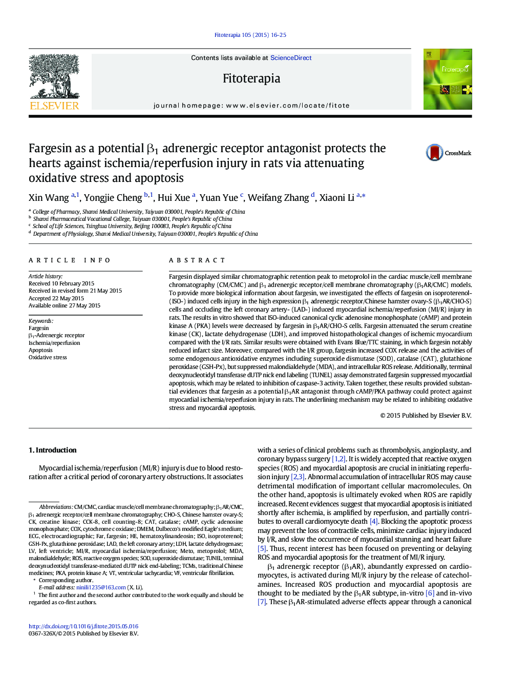 Fargesin as a potential β1 adrenergic receptor antagonist protects the hearts against ischemia/reperfusion injury in rats via attenuating oxidative stress and apoptosis