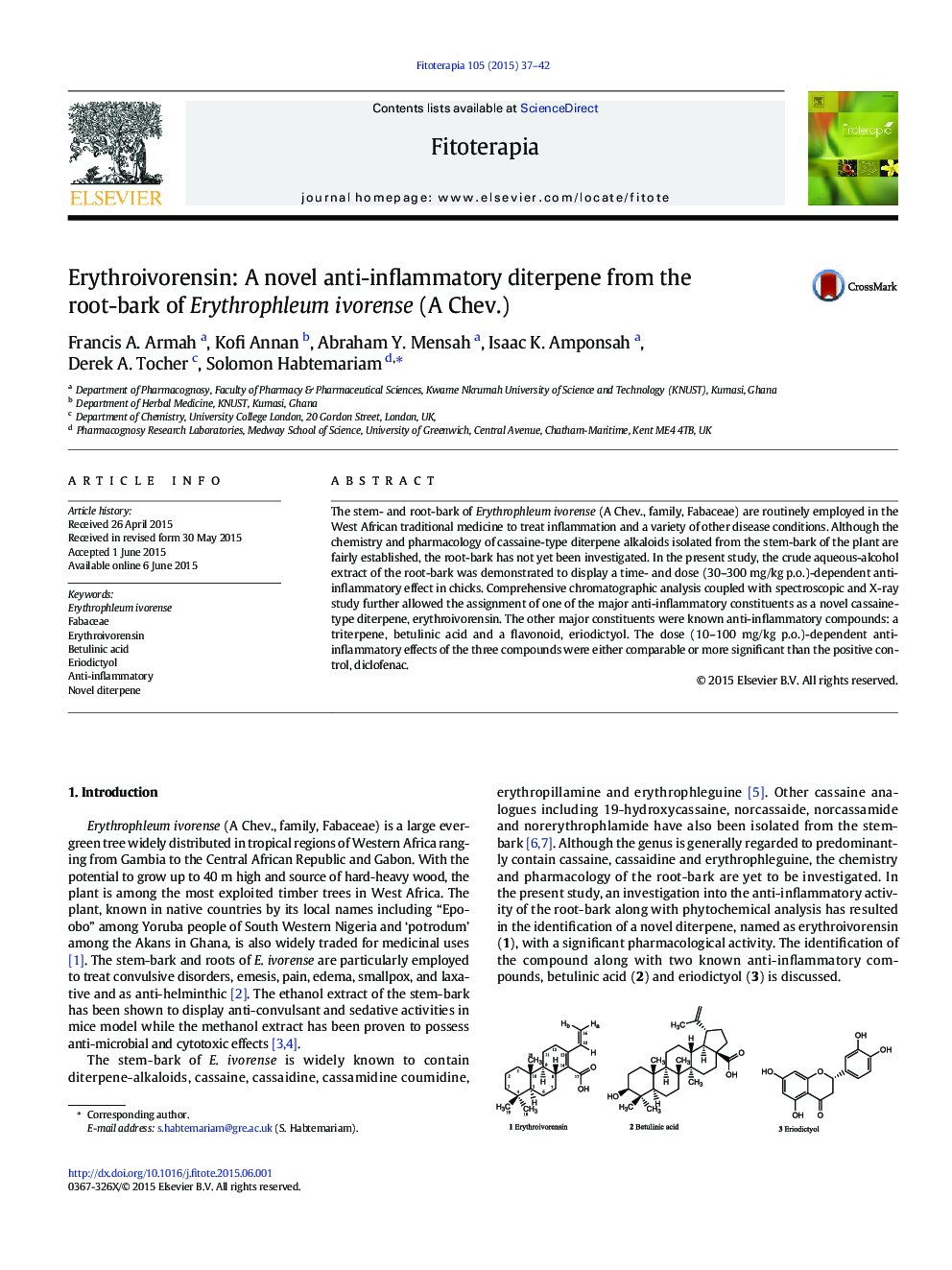 Erythroivorensin: A novel anti-inflammatory diterpene from the root-bark of Erythrophleum ivorense (A Chev.)