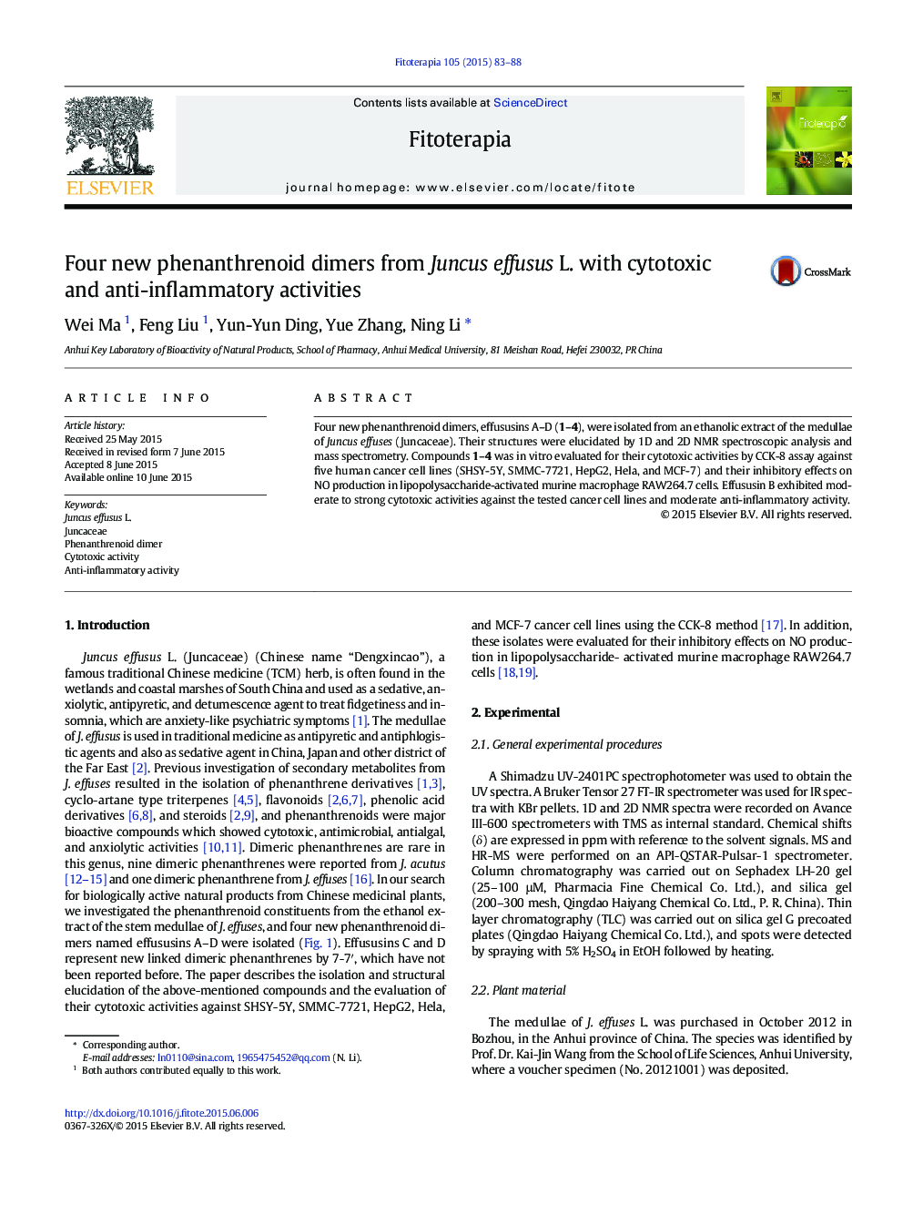 Four new phenanthrenoid dimers from Juncus effusus L. with cytotoxic and anti-inflammatory activities