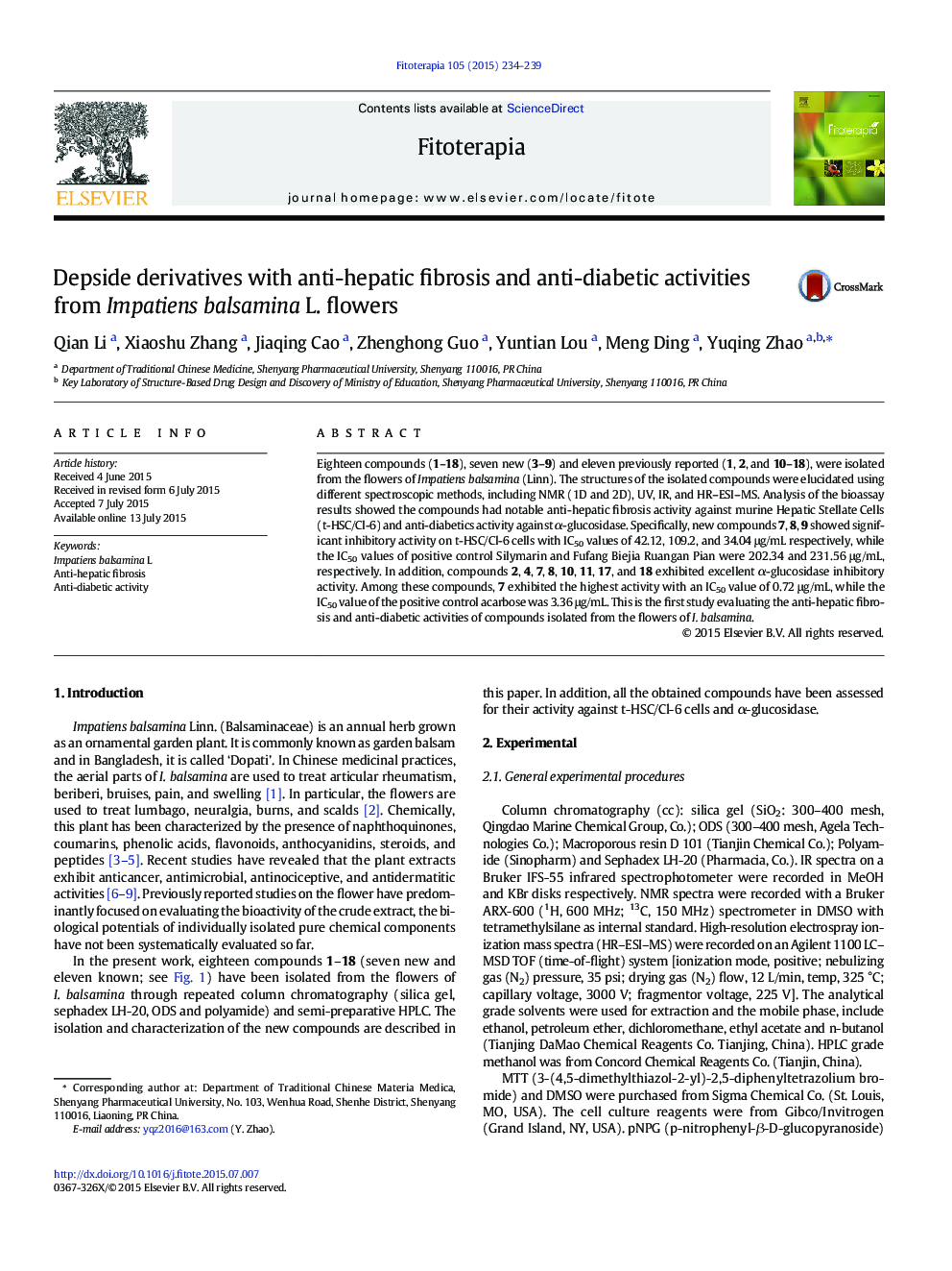 Depside derivatives with anti-hepatic fibrosis and anti-diabetic activities from Impatiens balsamina L. flowers