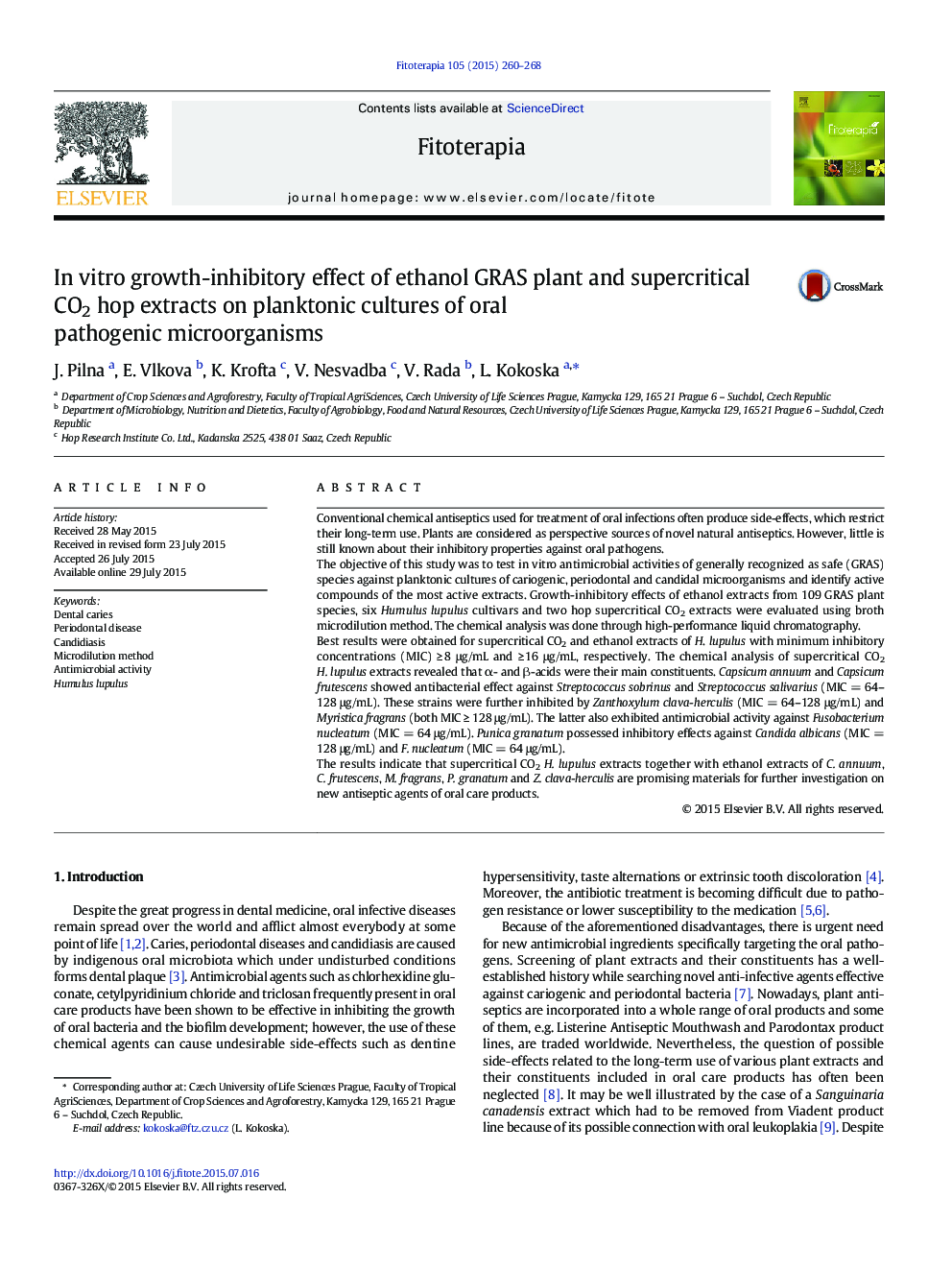 In vitro growth-inhibitory effect of ethanol GRAS plant and supercritical CO2 hop extracts on planktonic cultures of oral pathogenic microorganisms