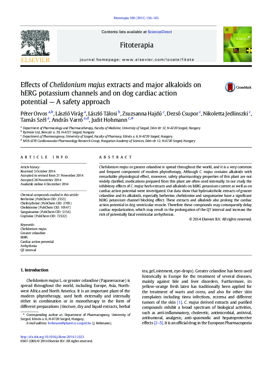 Effects of Chelidonium majus extracts and major alkaloids on hERG potassium channels and on dog cardiac action potential — A safety approach