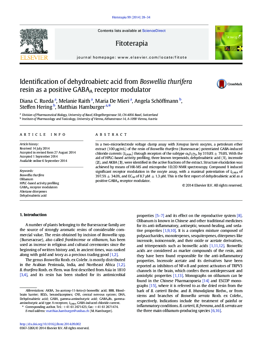 Identification of dehydroabietc acid from Boswellia thurifera resin as a positive GABAA receptor modulator