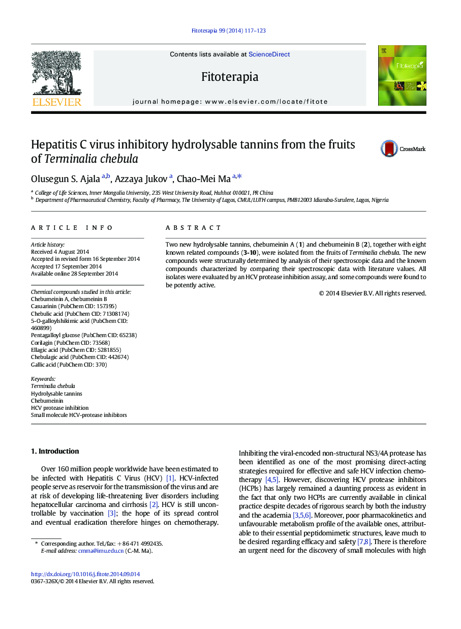 عکس صفحه اول مقاله: Hepatitis C virus inhibitory hydrolysable tannins from the fruits of Terminalia chebula Hepatitis C virus inhibitory hydrolysable tannins from the fruits of Terminalia chebula