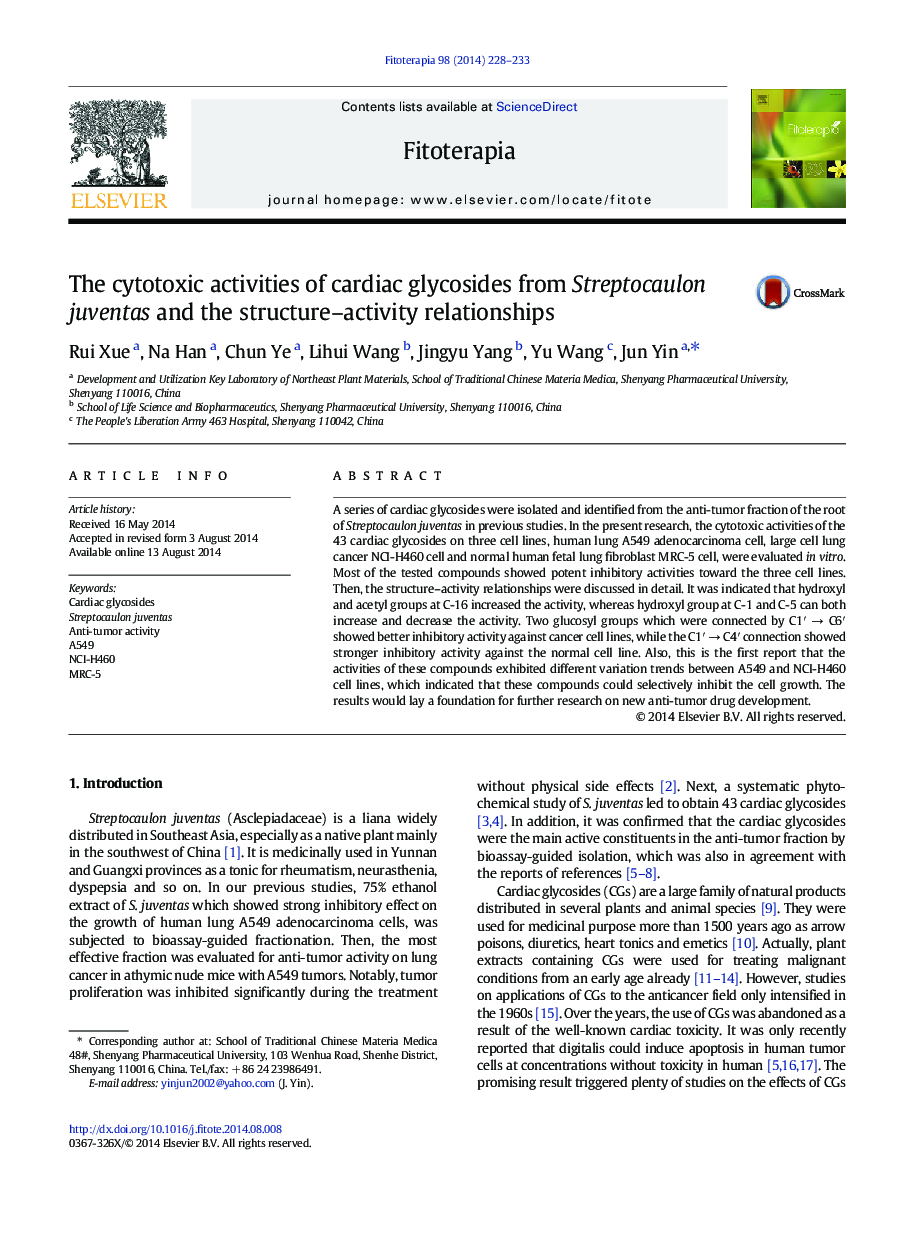 The cytotoxic activities of cardiac glycosides from Streptocaulon juventas and the structure–activity relationships