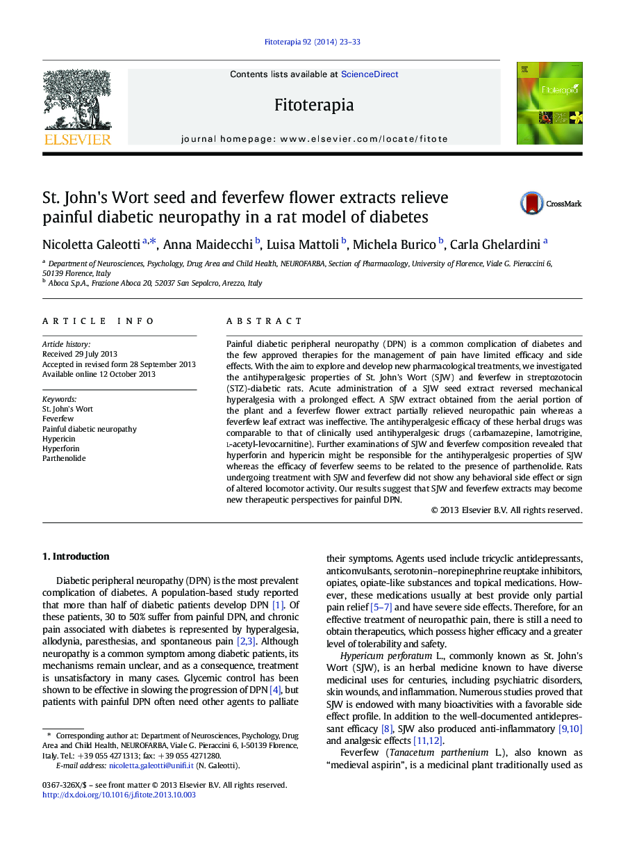 St. John's Wort seed and feverfew flower extracts relieve painful diabetic neuropathy in a rat model of diabetes