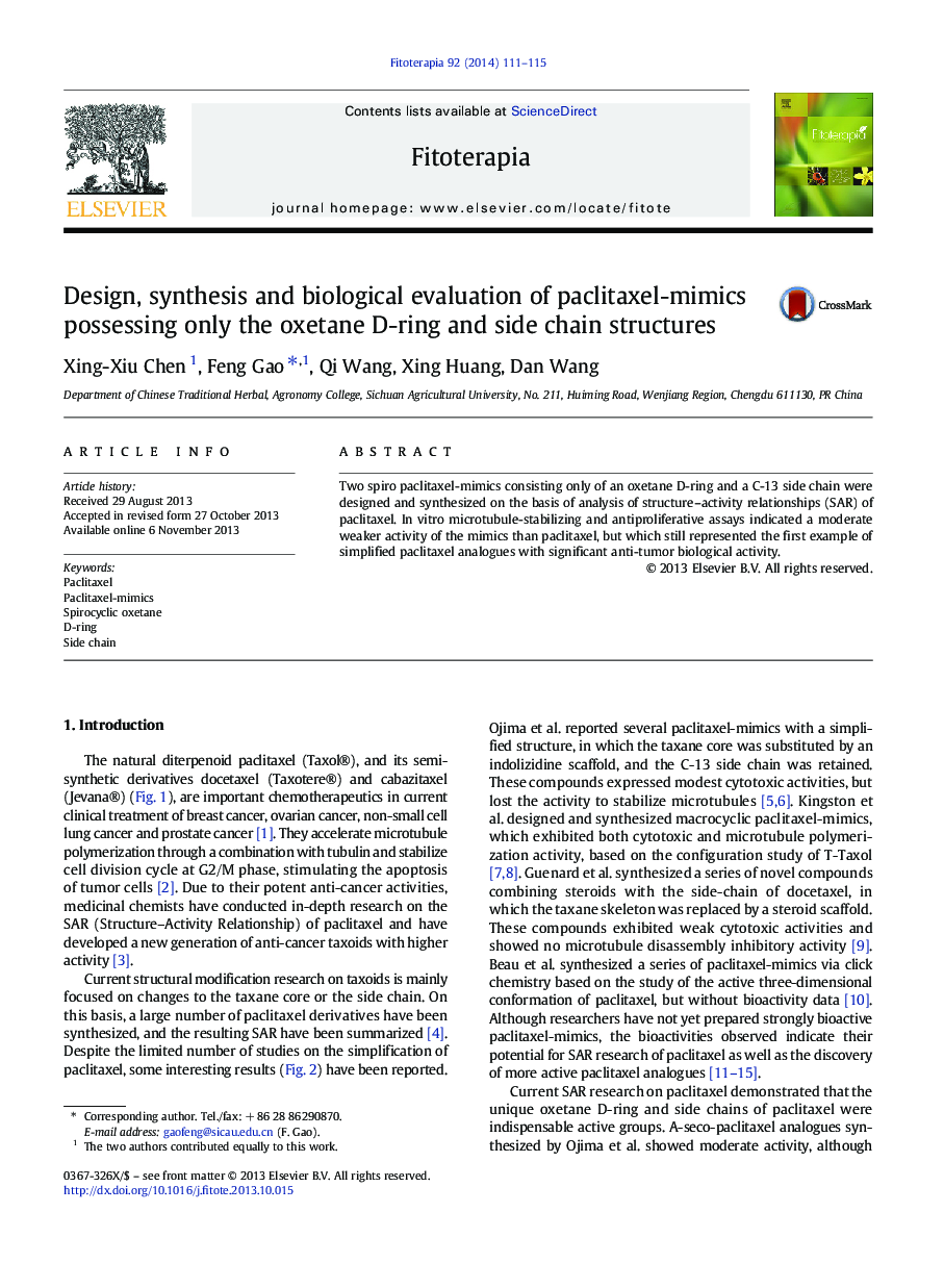 Design, synthesis and biological evaluation of paclitaxel-mimics possessing only the oxetane D-ring and side chain structures