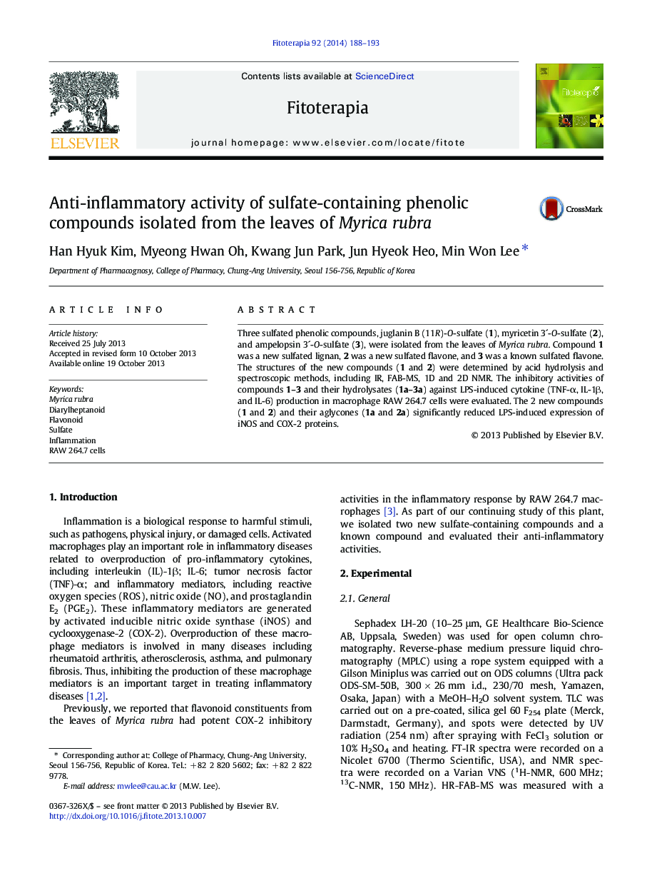 Anti-inflammatory activity of sulfate-containing phenolic compounds isolated from the leaves of Myrica rubra