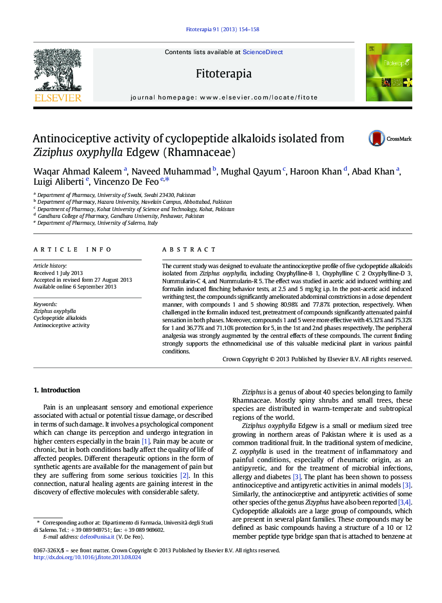 Antinociceptive activity of cyclopeptide alkaloids isolated from Ziziphus oxyphylla Edgew (Rhamnaceae)
