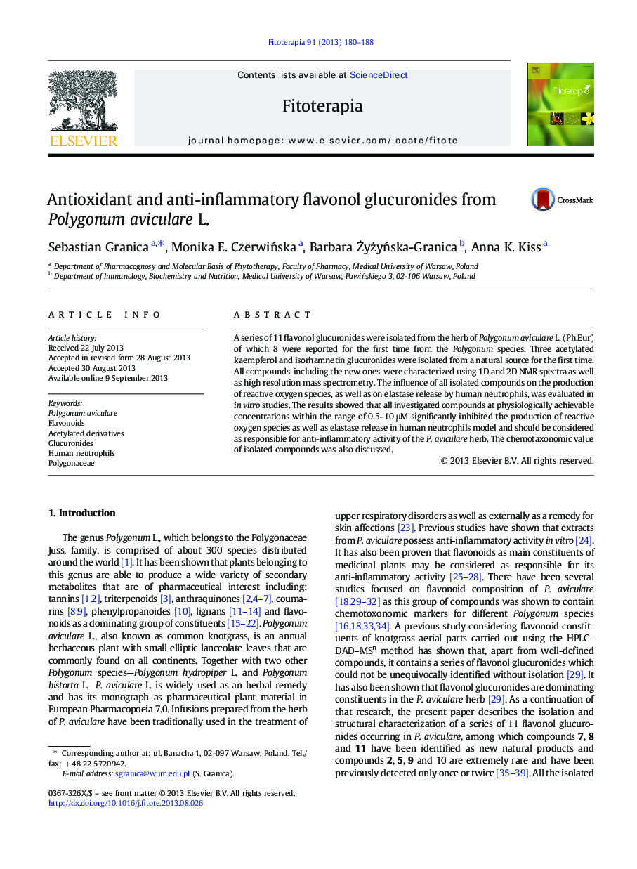 Antioxidant and anti-inflammatory flavonol glucuronides from Polygonum aviculare L.