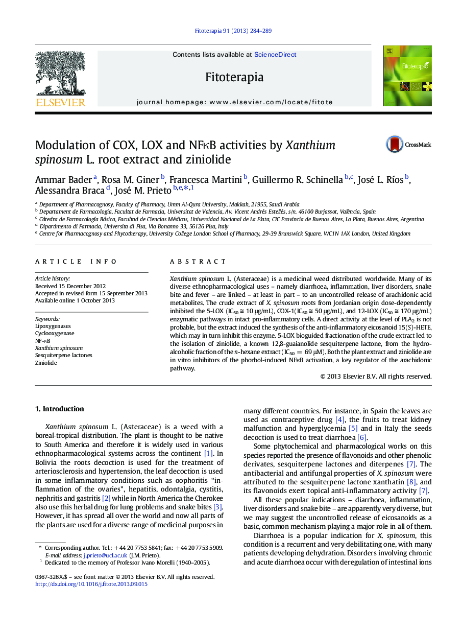 Modulation of COX, LOX and NFκB activities by Xanthium spinosum L. root extract and ziniolide