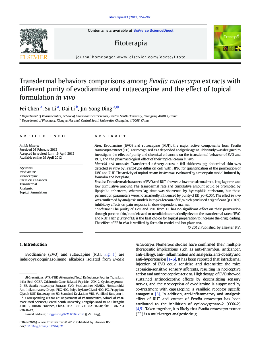 Transdermal behaviors comparisons among Evodia rutaecarpa extracts with different purity of evodiamine and rutaecarpine and the effect of topical formulation in vivo