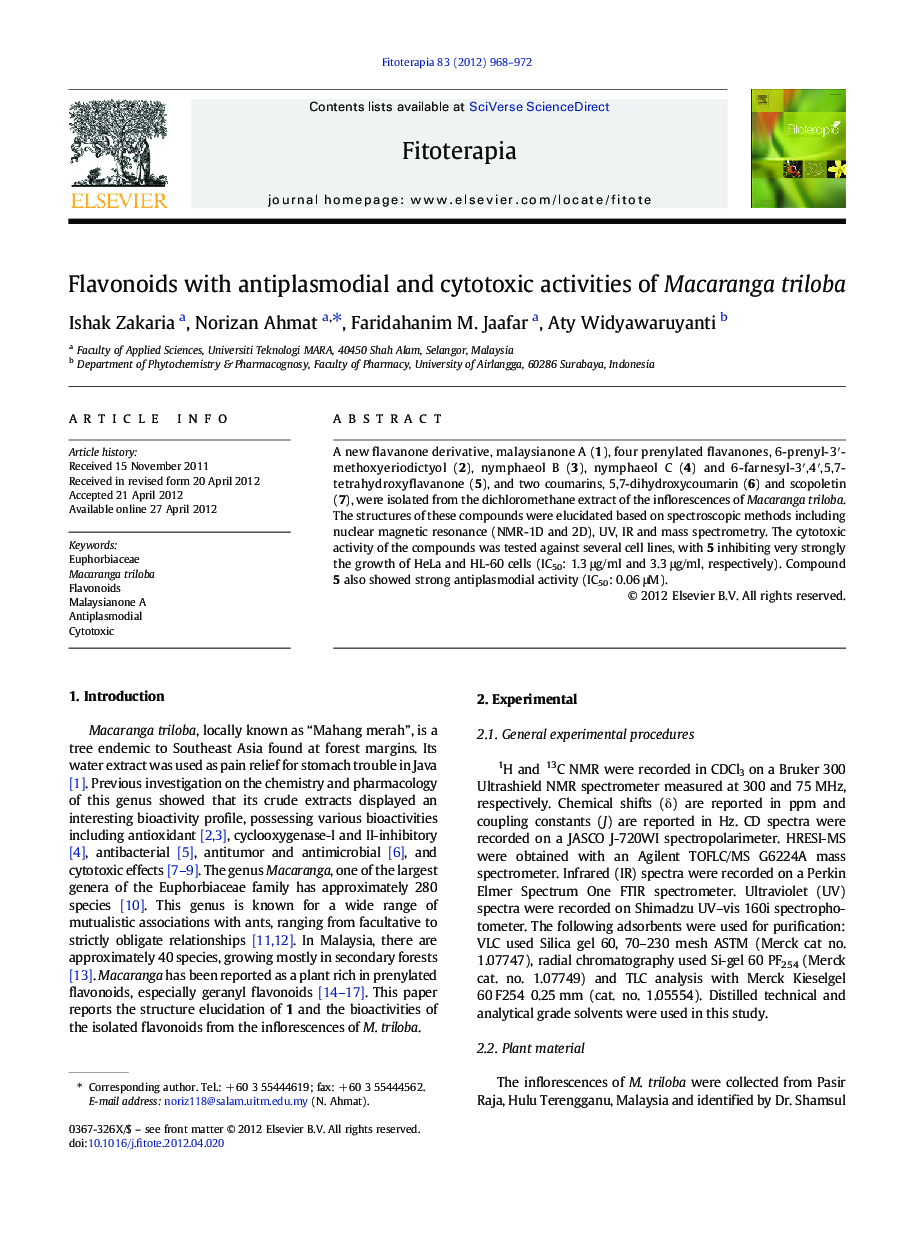 Flavonoids with antiplasmodial and cytotoxic activities of Macaranga triloba