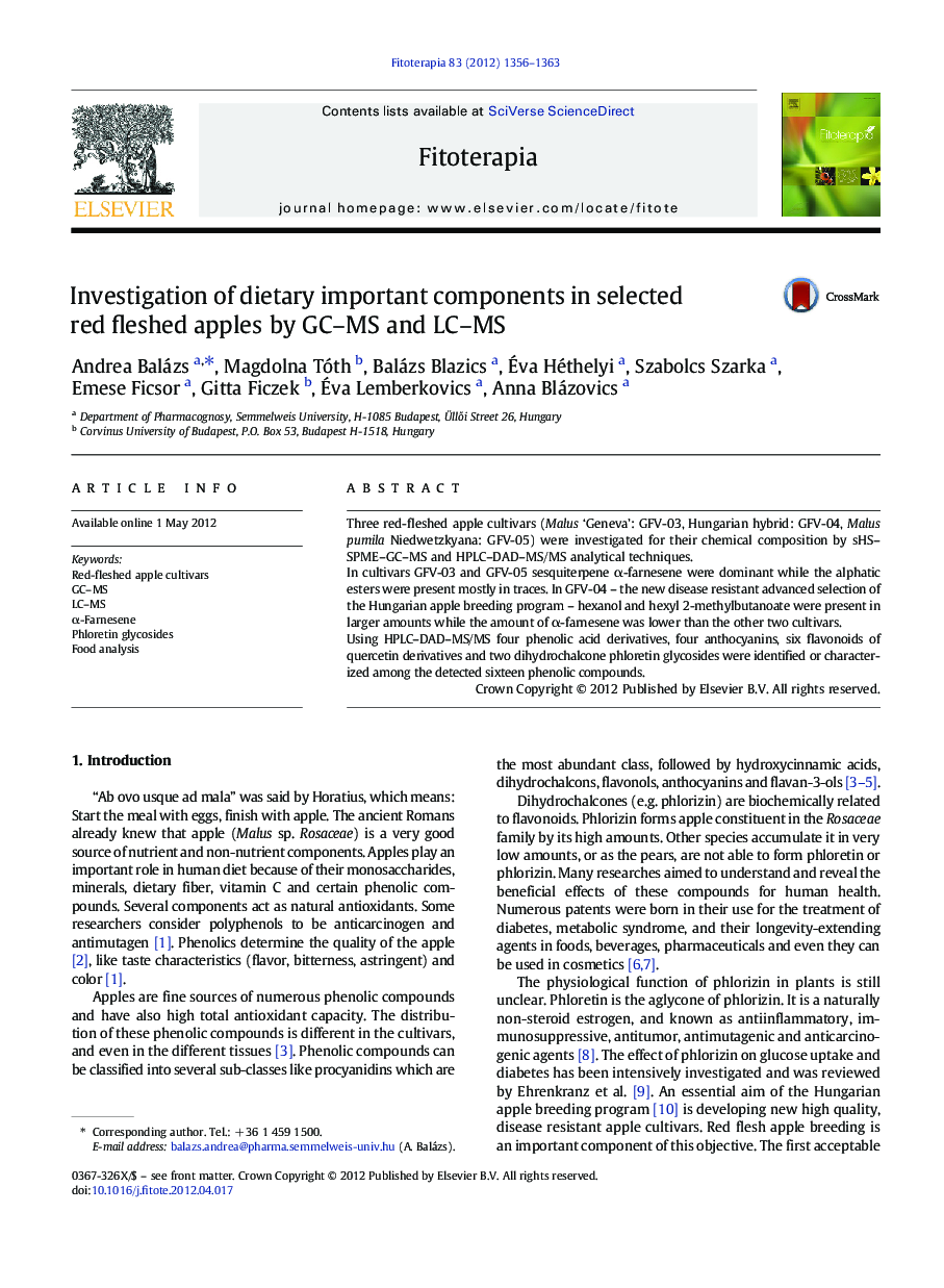 Investigation of dietary important components in selected red fleshed apples by GC–MS and LC–MS