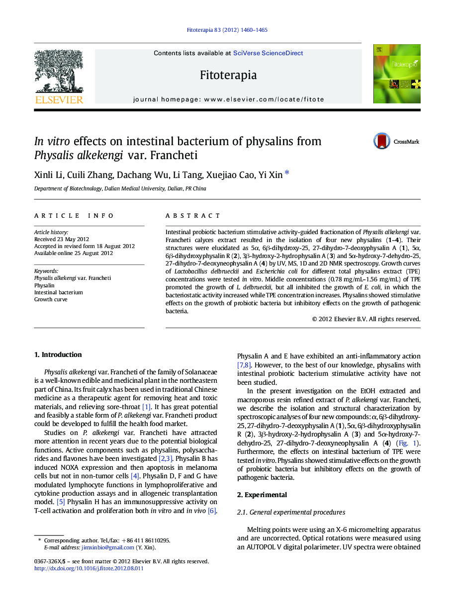 In vitro effects on intestinal bacterium of physalins from Physalis alkekengi var. Francheti