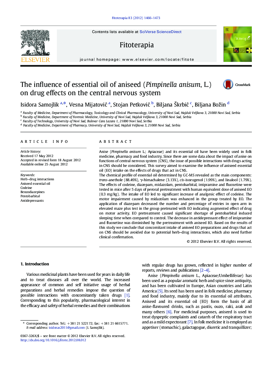 The influence of essential oil of aniseed (Pimpinella anisum, L.) on drug effects on the central nervous system