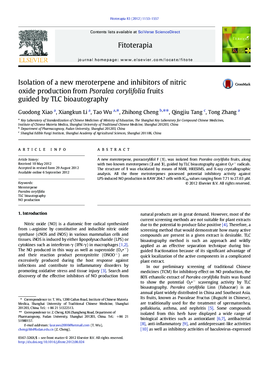 Isolation of a new meroterpene and inhibitors of nitric oxide production from Psoralea corylifolia fruits guided by TLC bioautography