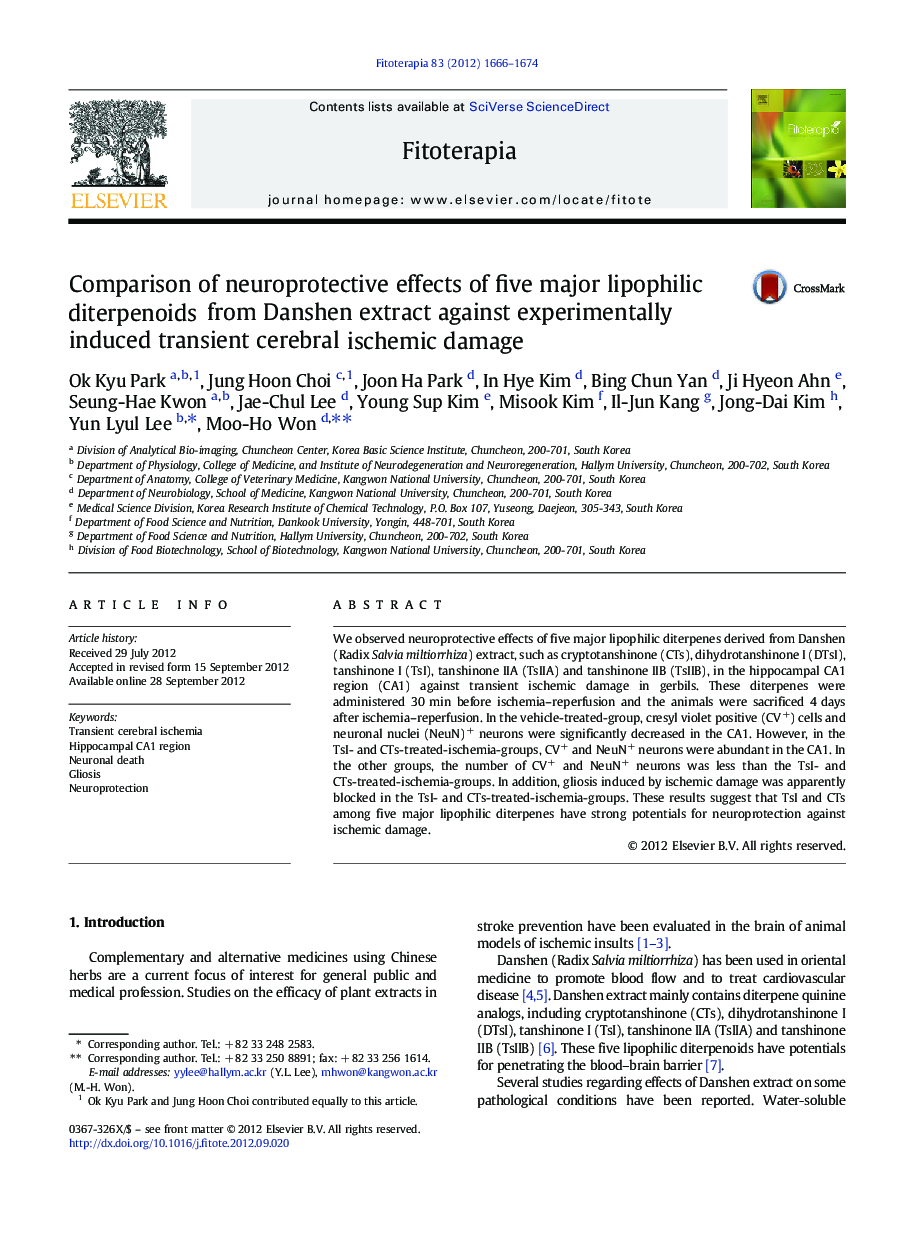 Comparison of neuroprotective effects of five major lipophilic diterpenoids from Danshen extract against experimentally induced transient cerebral ischemic damage