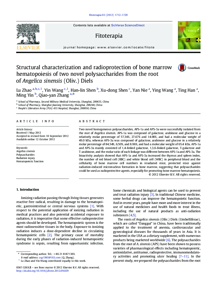 Structural characterization and radioprotection of bone marrow hematopoiesis of two novel polysaccharides from the root of Angelica sinensis (Oliv.) Diels