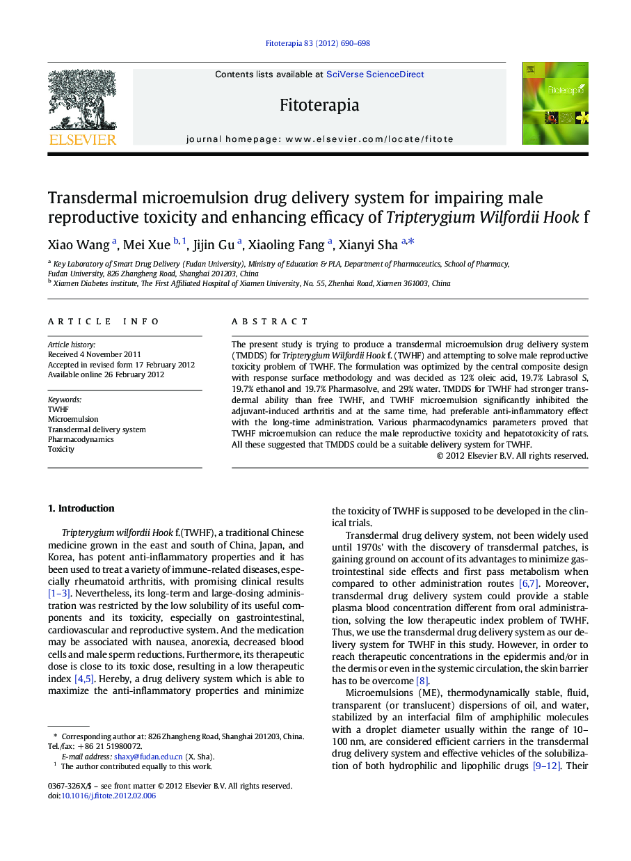 Transdermal microemulsion drug delivery system for impairing male reproductive toxicity and enhancing efficacy of Tripterygium Wilfordii Hook f