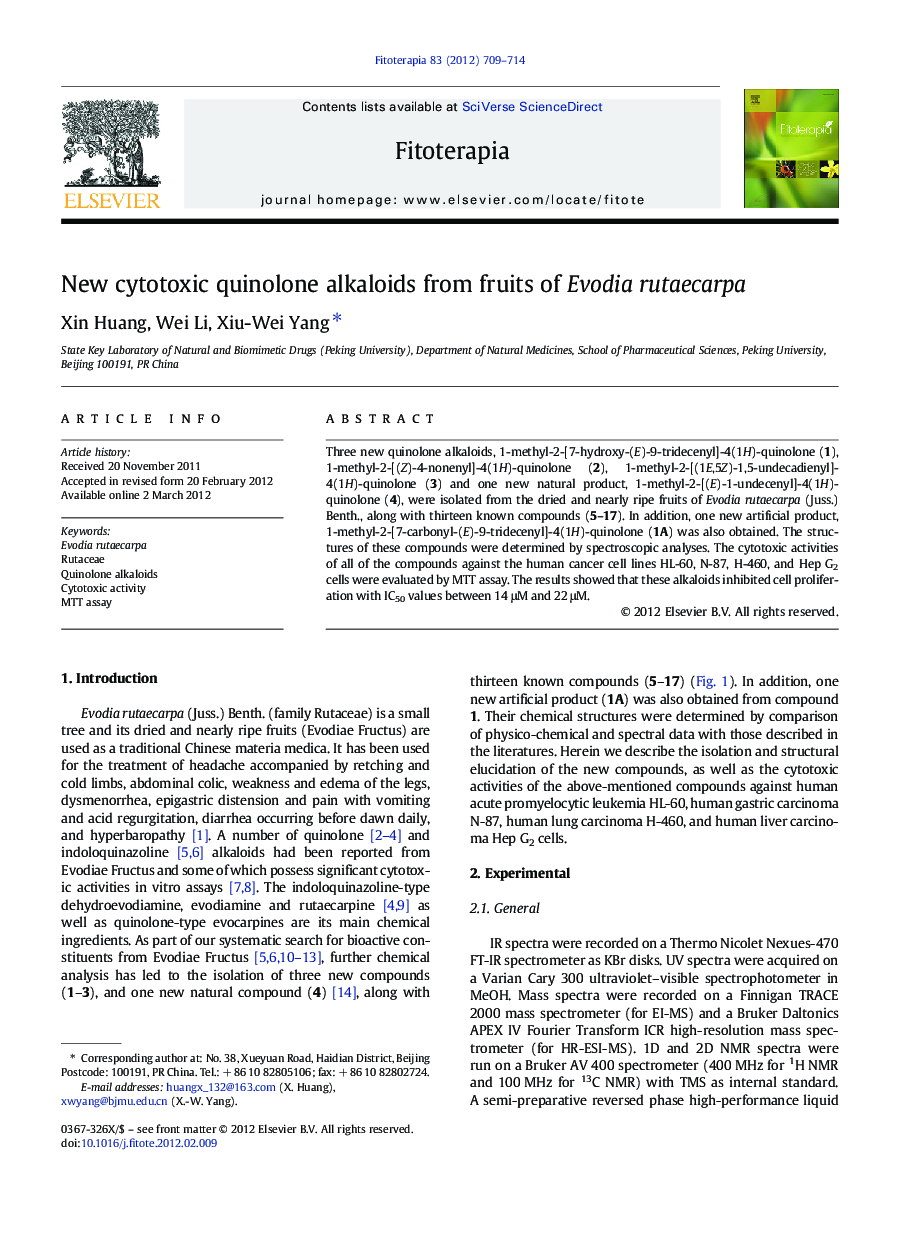 New cytotoxic quinolone alkaloids from fruits of Evodia rutaecarpa