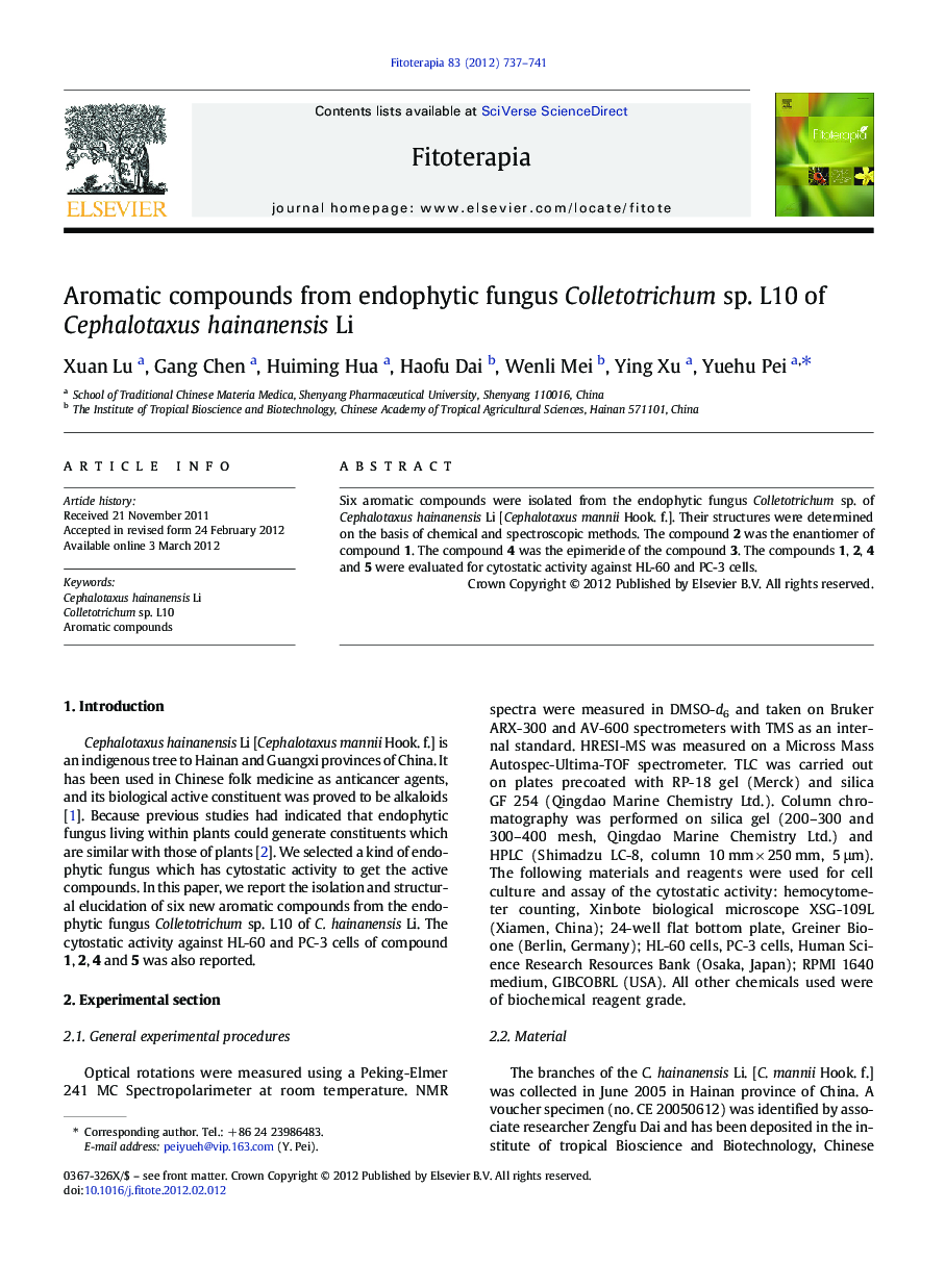 Aromatic compounds from endophytic fungus Colletotrichum sp. L10 of Cephalotaxus hainanensis Li