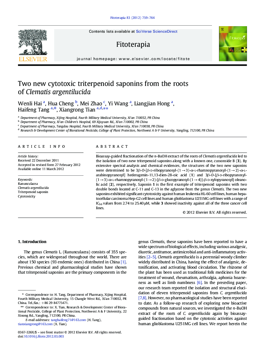 Two new cytotoxic triterpenoid saponins from the roots of Clematis argentilucida