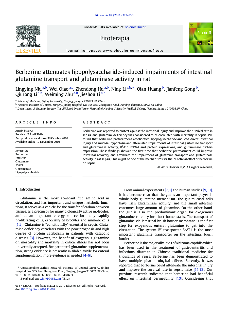 Berberine attenuates lipopolysaccharide-induced impairments of intestinal glutamine transport and glutaminase activity in rat