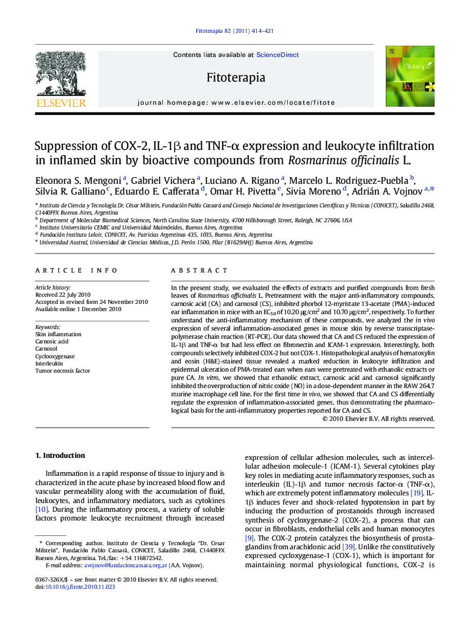 Suppression of COX-2, IL-1β and TNF-α expression and leukocyte infiltration in inflamed skin by bioactive compounds from Rosmarinus officinalis L.