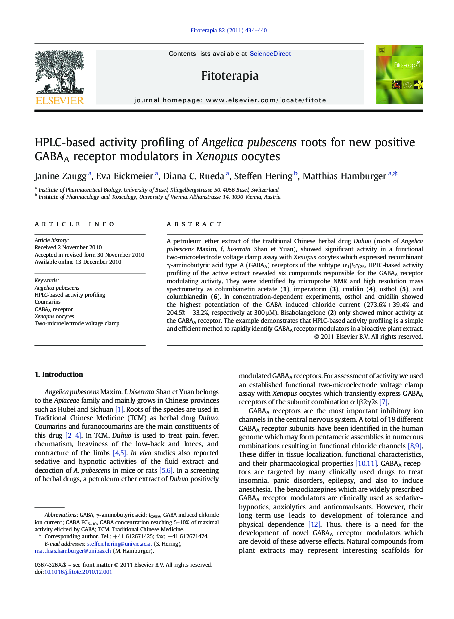 HPLC-based activity profiling of Angelica pubescens roots for new positive GABAA receptor modulators in Xenopus oocytes