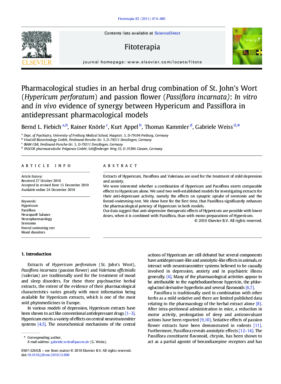 Pharmacological studies in an herbal drug combination of St. John's Wort (Hypericum perforatum) and passion flower (Passiflora incarnata): In vitro and in vivo evidence of synergy between Hypericum and Passiflora in antidepressant pharmacological models