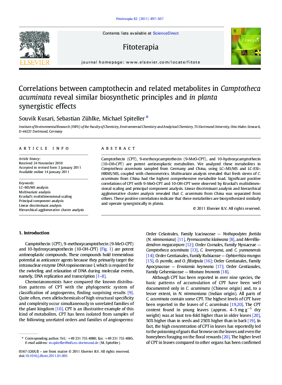 Correlations between camptothecin and related metabolites in Camptotheca acuminata reveal similar biosynthetic principles and in planta synergistic effects