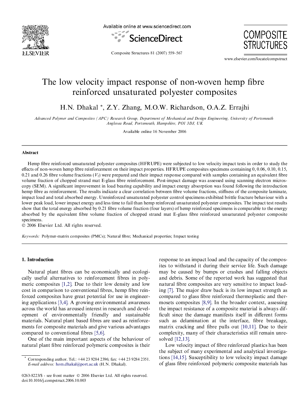 The low velocity impact response of non-woven hemp fibre reinforced unsaturated polyester composites