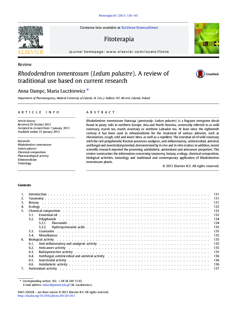 Rhododendron tomentosum (Ledum palustre). A review of traditional use based on current research