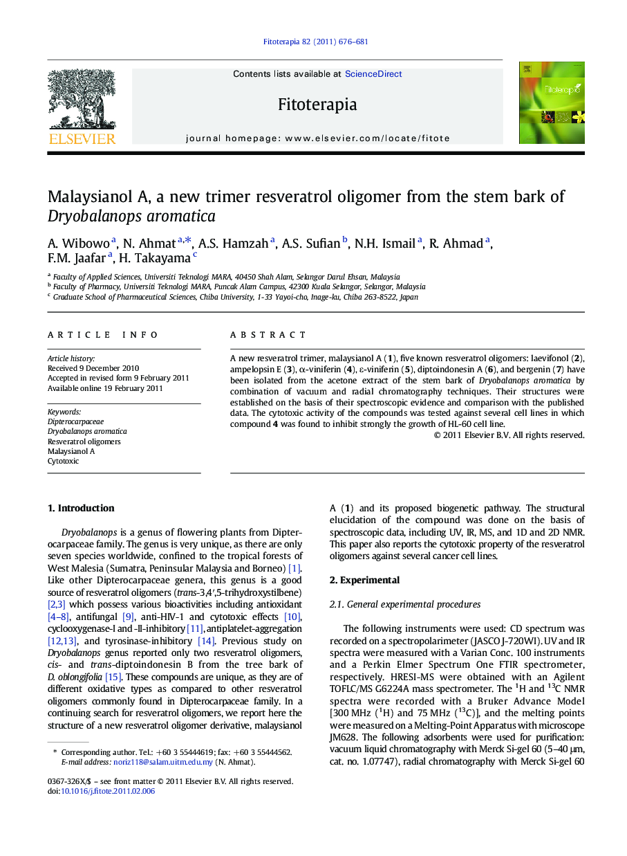 Malaysianol A, a new trimer resveratrol oligomer from the stem bark of Dryobalanops aromatica