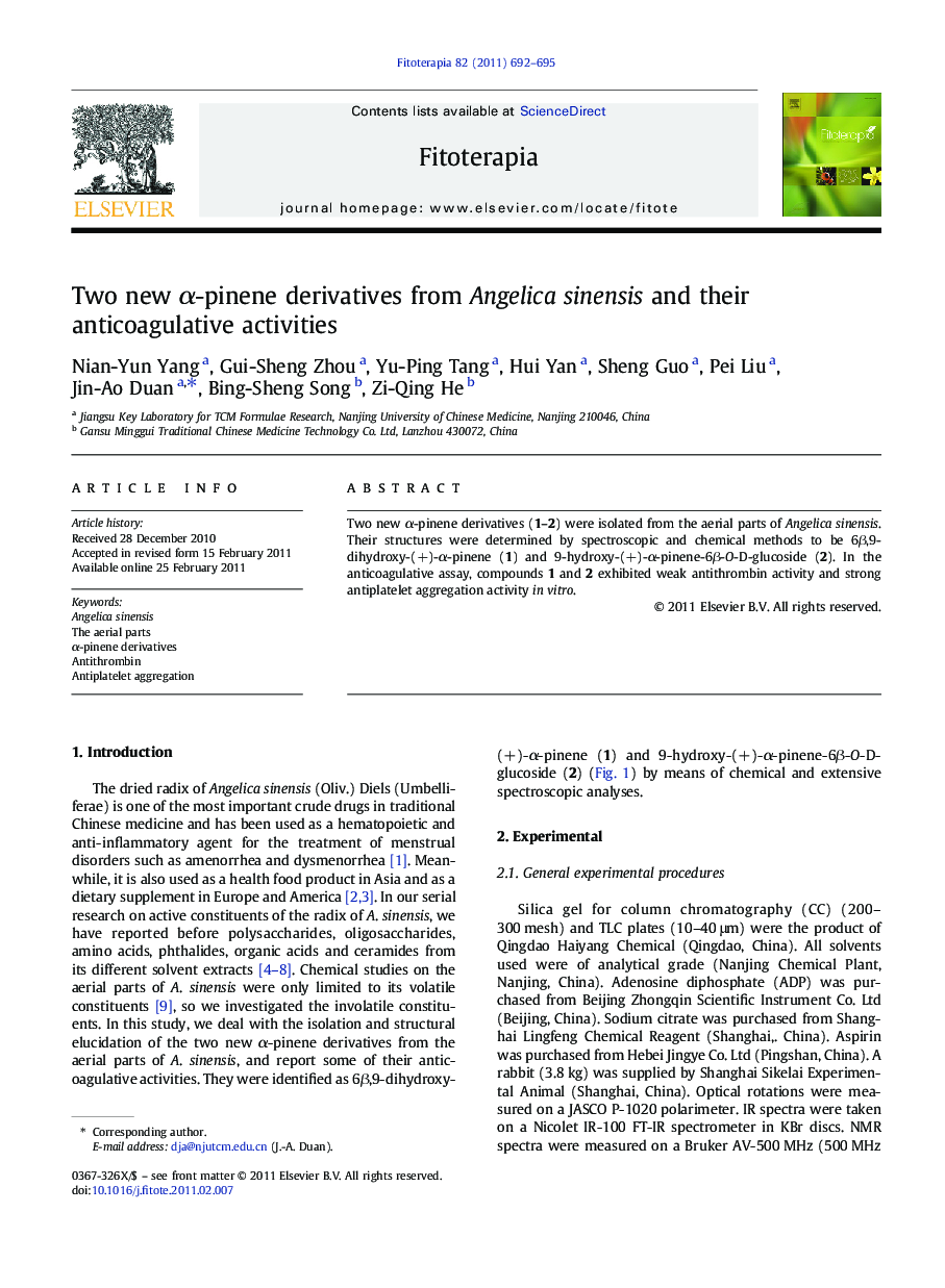 Two new α-pinene derivatives from Angelica sinensis and their anticoagulative activities