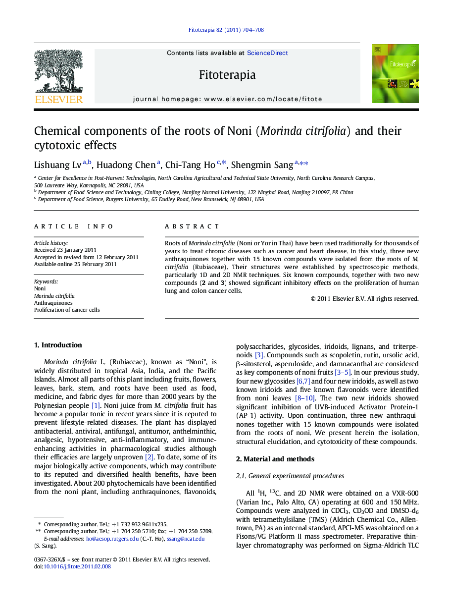 Chemical components of the roots of Noni (Morinda citrifolia) and their cytotoxic effects